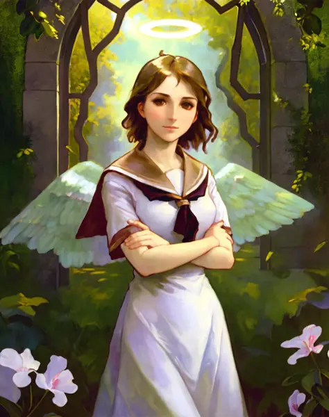 masterpiece, best quality, 1girl, angel wings, brown eyes, brown hair, haibane renmei, halo, rakka, sailor collar, school unifor...