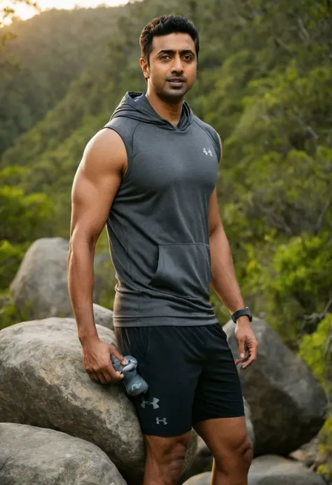 a man standing on a rock with a bottle of water