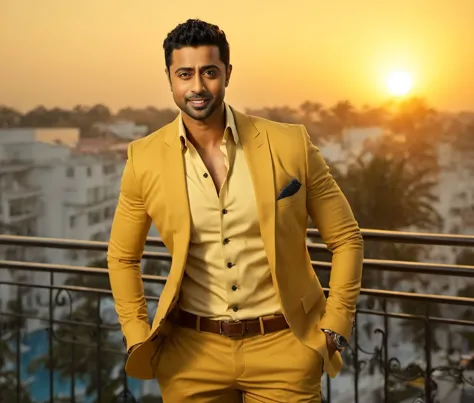 Nautical-themed (Photo:1.3) of (Ultrarealistic:1.3) <lora:Man_Men_FFashion:1> Kal Penn a man <lora:Dev-Adhikari_Kal-Penn:0.7> in a yellow suit standing on a balcony, handsome man, attractive man, handsome male, sun behind him, inspired by Pablo Munoz Gomez, shot at golden hour, editorial photograph, midshot of a hunky, by Roman Bezpalkiv, by Artur Tarnowski, maxim sukharev, by Gabor Szikszai,Highly Detailed,(Mono Color:1.3) . Sea, ocean, ships, maritime, beach, marine life, highly detailed