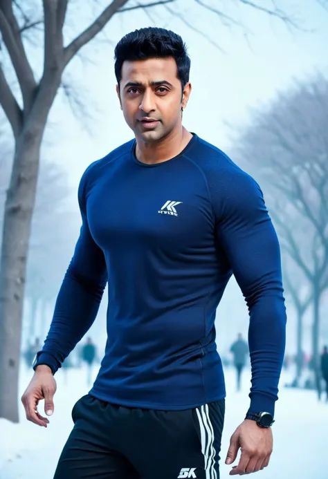 Ultra-detail, (highres:1.1), best quality, (masterpiece:1.3), Ultra Realistic cinematic Photo, dynamic posture posing in snowy park, Kal Penn a man <lora:Dev-Adhikari_Kal-Penn:0.7>, from side, walking, fitness champion, handsome Mr. World, perfectly shaped, symmetrical muscled body with six-pack abs, pecs, biceps, thin waste, V-shaped back, symmetrical face, perfect jawline, modern haircut, dark blue eyes, high detailed white skin, high detailed face, realistic pupils, realistic eyes, high detailed eyes, realistic iris, 8k UHD, soft lighting, high quality, film grain,