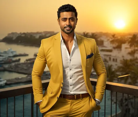 Nautical-themed (Photo:1.3) of (Ultrarealistic:1.3) <lora:Man_Men_FFashion:1> Kal Penn a man <lora:Dev-Adhikari_Kal-Penn:0.7> in a yellow suit standing on a balcony, handsome man, attractive man, handsome male, sun behind him, inspired by Pablo Munoz Gomez, shot at golden hour, editorial photograph, midshot of a hunky, by Roman Bezpalkiv, by Artur Tarnowski, maxim sukharev, by Gabor Szikszai,Highly Detailed,(Mono Color:1.3) . Sea, ocean, ships, maritime, beach, marine life, highly detailed