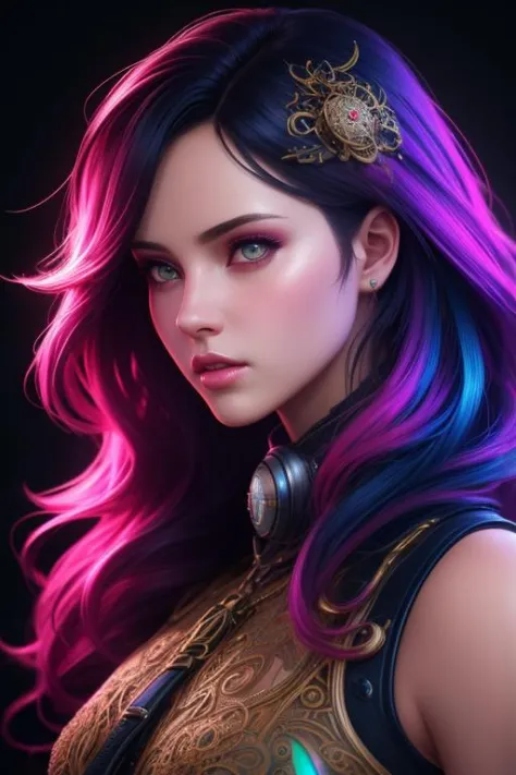 Coloré, néon, belle fille mignonne, cheveux longs et moelleux, beau visage détaillé, Meilleure qualité, extrêmement détaillé, Coloré, néon, science-fiction, Steampunk, Cinématique, Coloré background, art conceptuel, Éclairage dramatique, Détails élevés, très détaillé, hyper réaliste, complexe, complexe sharp details, rendu d&#39;octane, lisse, éclairage naturel, tendance sur artstation