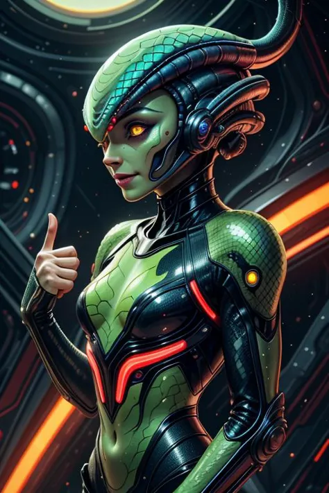 Beautiful woman, alien, green skin, snake humanoid, dragon scales, beautiful detailed face, rough skin, scales, snake, devious g...