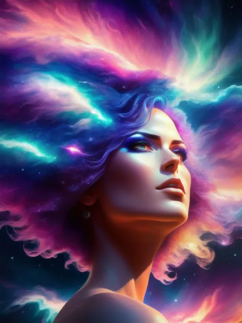 niña se disuelve en el cielo, El cabello se convierte en nebulosa., HD, hyperrealism, 32k, iluminación cinematográfica, 3D, colores vívidos, Hermoso, obra maestra, de la máxima calidad, 16k, sombras duras, iluminación volumétrica, enfoque nítido, 32k, Motor irreal, renderizado de octanaje, vibrante, Fotorrealista, pintura al óleo 