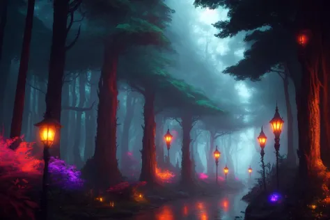 dark enchanted forest, best quality, extremely detailed, colorful, neon, sci-fi, steampunk, cinematic, colorful background, conc...