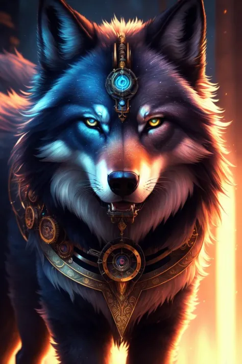 Imposing lustrous wolf, best quality, extremely detailed, colorful, neon, sci-fi, steampunk, cinematic, colorful background, con...