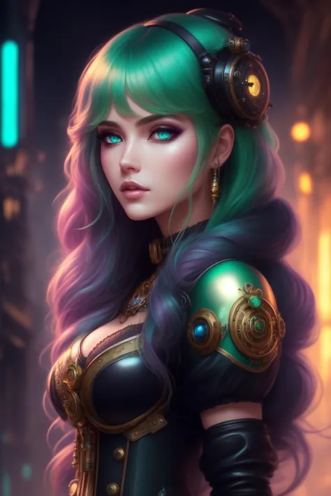 colorful, neon, beautiful cute girl, lush long fluffy green hair, beautiful detailed face, best quality, extremely detailed, col...