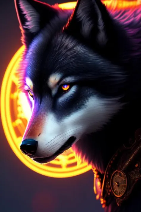 Lobo lustroso imponente, melhor qualidade, extremamente detalhado, colorida, néon, sci-fi, steampunk, cinematic, colorida background, arte conceitual, iluminação dramática, alto detalhe, Altamente detalhado, hiper-realista, Intrincado, Intrincado sharp details, renderização de octanagem, suave, iluminação natural, tendências no artstation