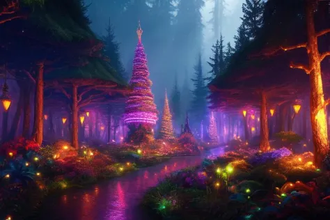 dark enchanted forest, best quality, extremely detailed, colorful, neon, sci-fi, steampunk, cinematic, colorful background, conc...