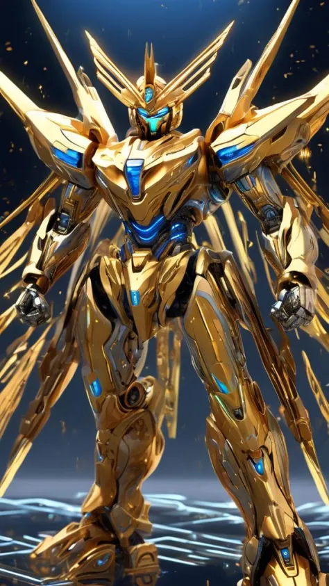 (((gold Gundam))),ARMOR,AetherPunkAI,solo,looking_at_viewer,glowing line,luminescent particle,blue_eyes,standing,meshanyaogaoda,no humans,solo,no_humans,glowing,robot,mecha,glowing_eyes,clenched_hands,science_fiction,straight-on,v-fin,mobile_suit,cinematic...