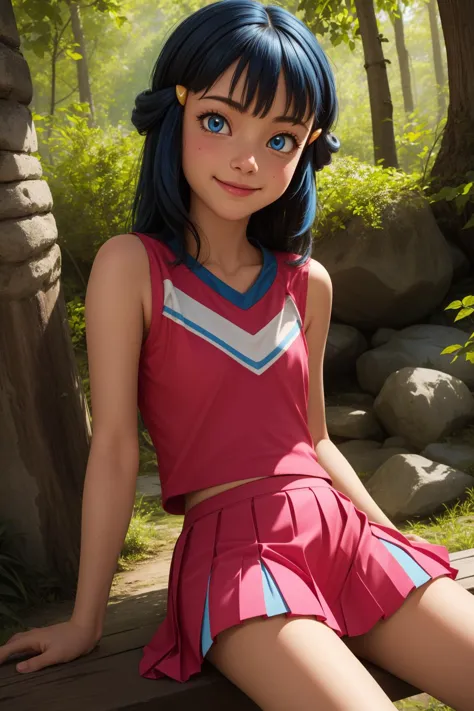 pkmndawn, 1girl, solo, blue eyes, blue hair, long hair, bangs, sidelocks, hair ornament, hairclip,
cheerleader, pink shirt, pink...