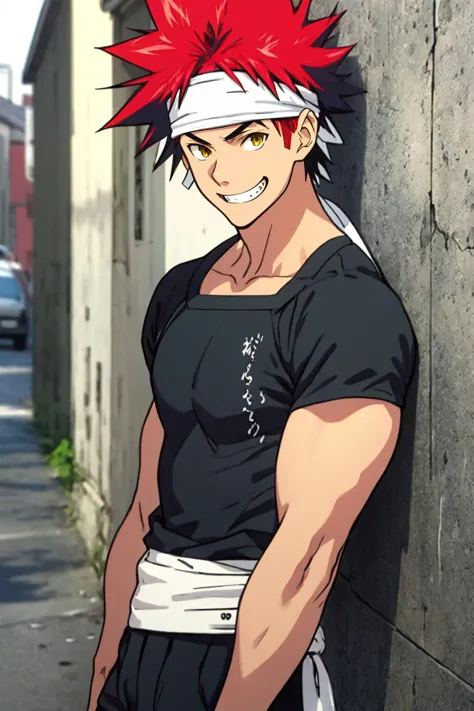 best quality, Mature male, Against a wall, <lora:yukihira_souma:1> yukihira_souma, red_hair, spiked_hair, black shirt, white headband, grin