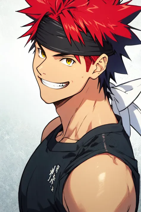 a close up of a person with a red hair and a black shirt