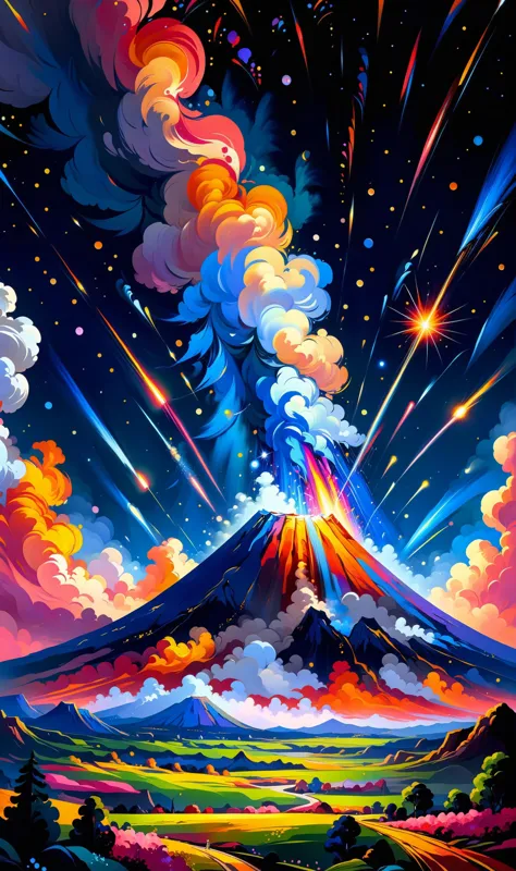 a painting of a volcano with colorful smoke coming out of it