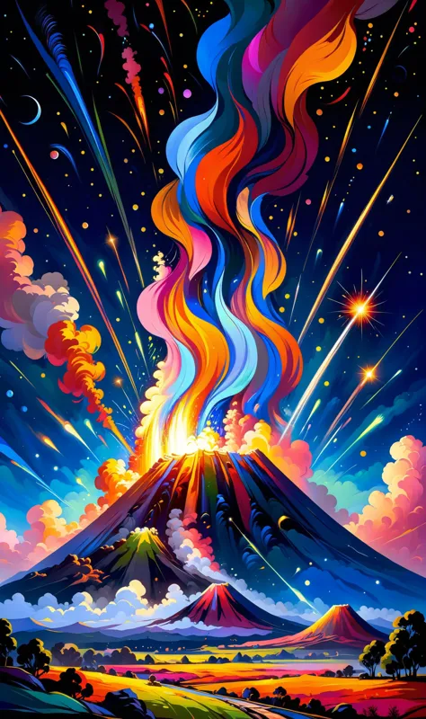 a painting of a volcano with colorful smoke coming out of it