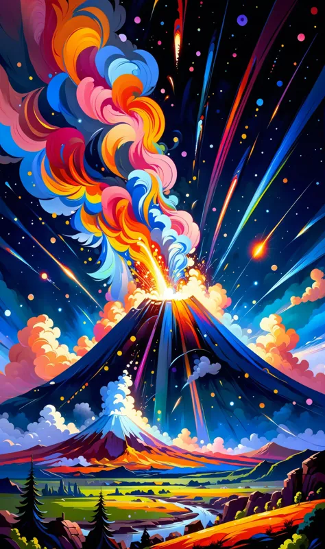 Homely Flourishing muddled , Celestial Meteor Shower  Streaks of light paint the night sky in a celestial meteor shower., in the style of Ruan Jia and Roberto Ferri , vibrant saturated colors,
Radiant Darkness PEToonLand,  ral-colorswirl ,burning volcano ,fire element,