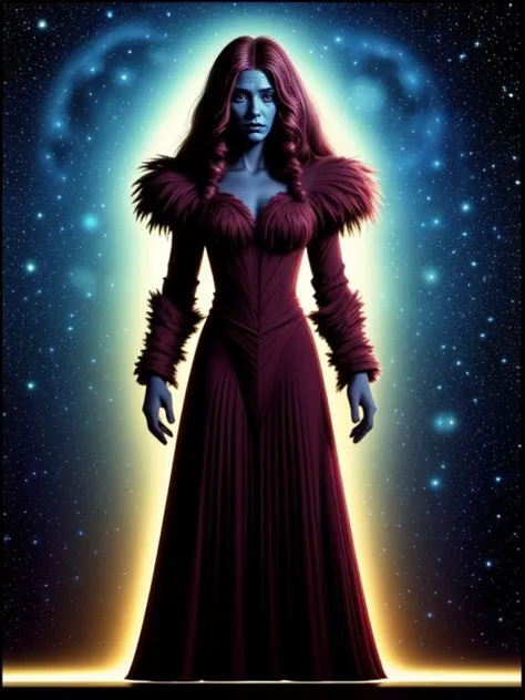 a woman in a red dress standing in front of a galaxy