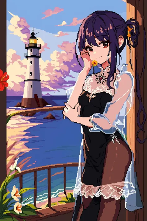 a close up of a woman in a dress standing near a lighthouse