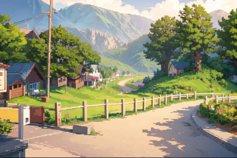 there is a painting of a small town with a road