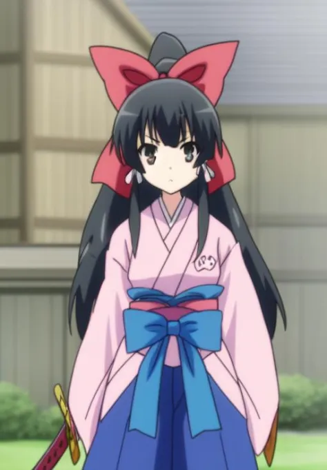 <lora:Yae_Kokonoe:0.8>, Yae_Kokonoe, 1girl, solo, long hair, black hair, weapon, hair bow, japanese clothes, sword, black eyes, red bow, katana, hakama skirt, pink kimono, blue hakama