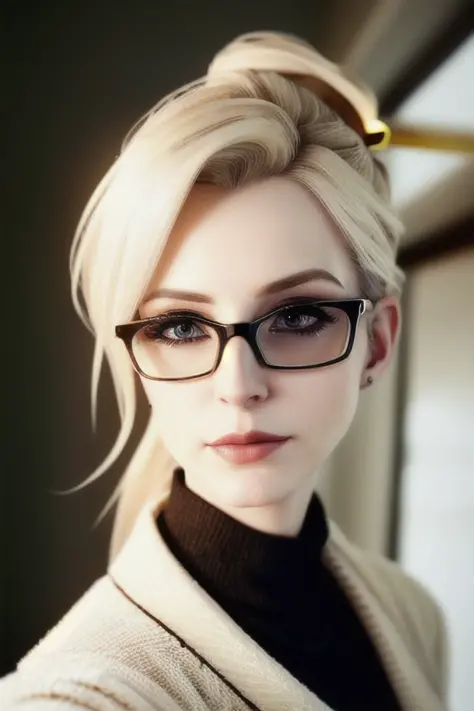 photo, beautiful mature blonde, sharp features, realistic, pale skin, 30 year old female, selfie of mercy (overwatch), ((halo)), messy blonde ponytail, glasses, (black sweater), low harsh lighting,tiktok, beautiful, instagram, analog, film grain,<lora:mercyOverwatch_v10:0.25>