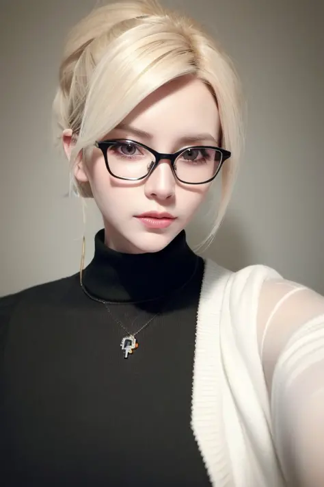 photo, beautiful mature blonde, sharp features, realistic, pale skin,  close up selfie of mercy (overwatch), ((halo)), messy blonde ponytail, glasses, ((black sweater)), low harsh lighting,tiktok, beautiful, instagram, analog, film grain,<lora:mercyOverwatch_v10:0.45>