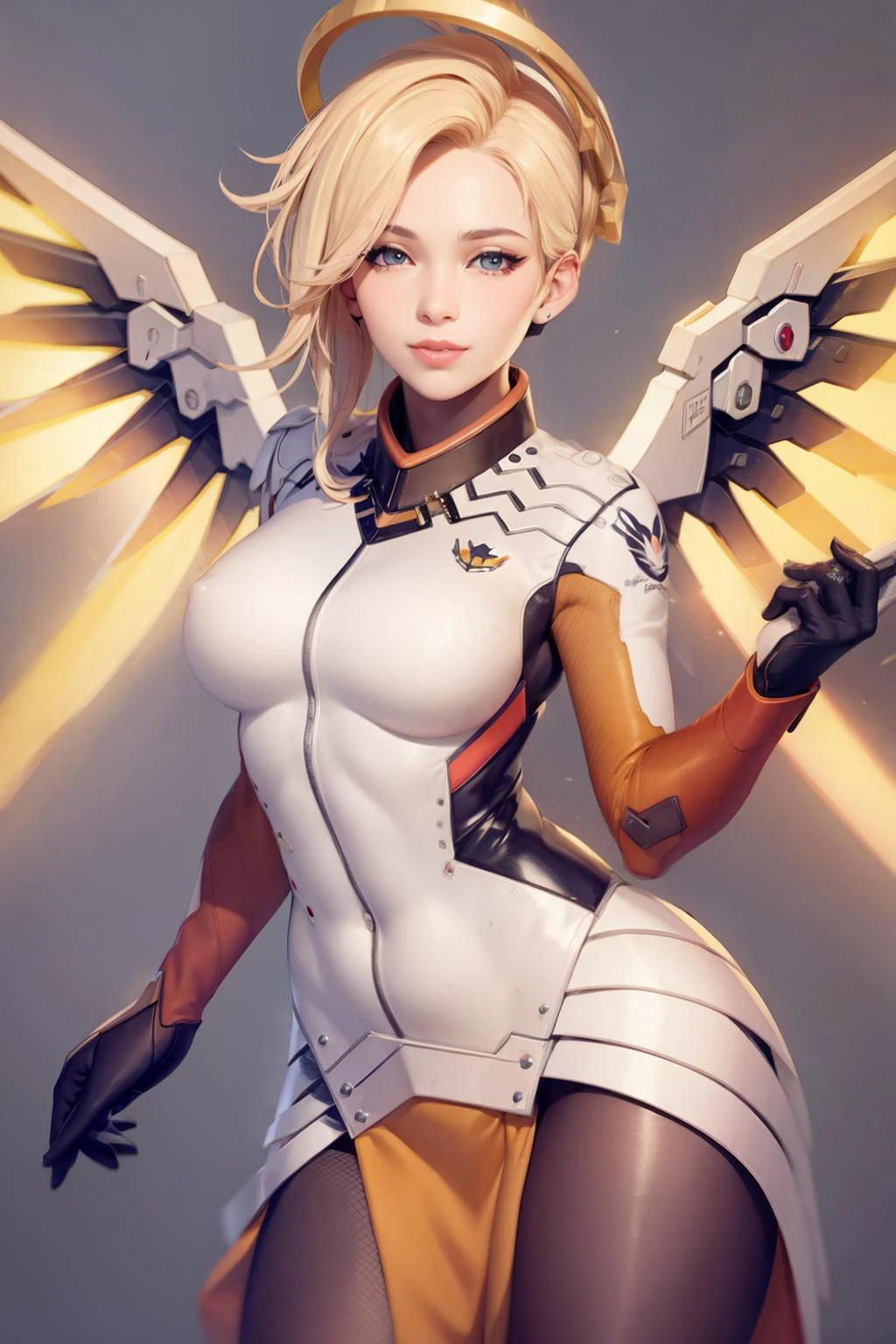 Meisterwerk, beste Qualität, 1 Mädchen, Allein, lächeln,Barmherzigkeit (overwatch), mechanical Heiligenschein, Brüste, blaue Augen, blondes Haar, Strumpfhose, mechanische Flügel, wings, Heiligenschein, Body, gelbe Flügel, brown Strumpfhose, Lippen, Handschuhe, Beckenvorhang, black Handschuhe,(grauer Hintergrund:1.2),einfacher Hintergrund, (kbxll:0.6)