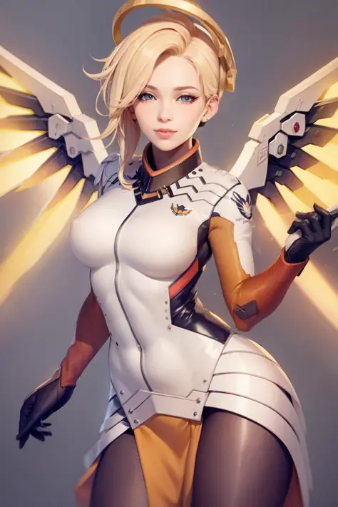 masterpiece, best quality, 1girl, solo, smile,mercy (overwatch), mechanical halo, breasts, blue eyes, blonde hair, pantyhose, mechanical wings, wings, halo, bodysuit, yellow wings, brown pantyhose, lips, gloves, pelvic curtain, black gloves,(grey background:1.2),simple background, (kbxll:0.6)