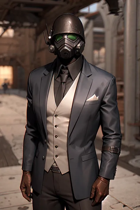 arafed man in a suit and tie wearing a gas mask