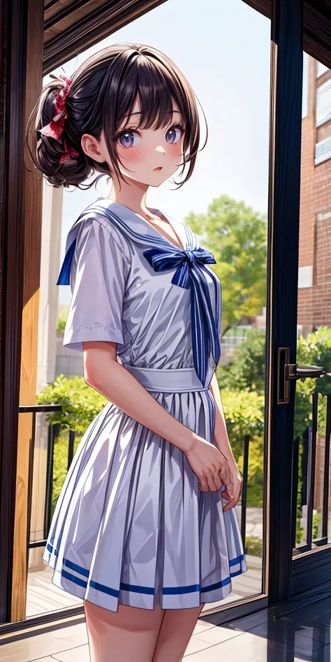 anime girl in a short dress standing in front of a door