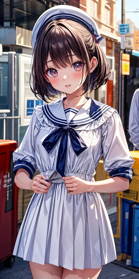 anime girl in a sailor outfit standing on a city street