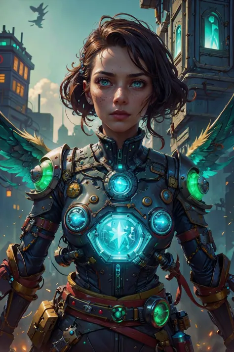 a woman with wings and a glowing green light on her chest