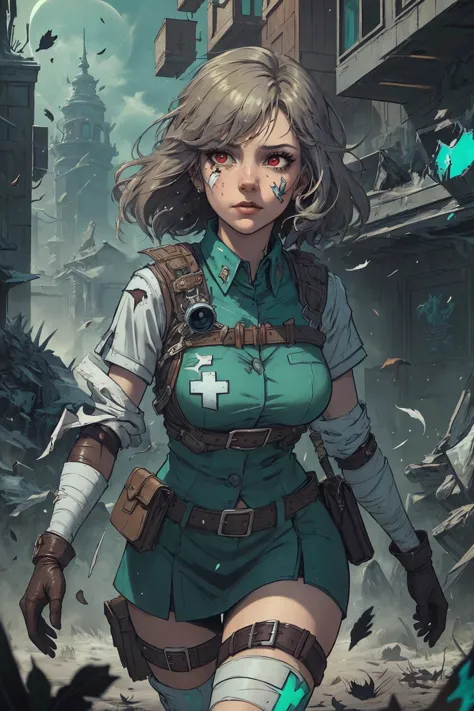 (best quality, masterpiece, highest detailed), comic cover art, poster art, 1 girl, adult  woman,  red eyes, silver medium hair,  
portrait, solo, from front, front view, half shot, looking away, detailed background, detailed face, (shattered warped reality, scifi, fragrealitytech theme:1.1), battlefield-medic,  hopeful expression, black  military medic uniform, vest,  gloves, belt, green cross, flag,  bandages, toruniquet,  triage,   running,  battlefield-hospital in background, floating particles, ashes,    heroism, cinematic atmosphere,