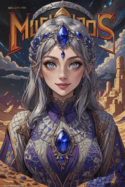 (best quality, masterpiece, highest detailed), comic cover art, poster art, 1 girl, adult (elven:0.7) woman, freckles, grey eyes, yellow shag hair,  
portrait, solo, from front, front view, (full body:0.6), looking up, detailed background, detailed face, (SilverSapphireAI theme:1.1) middle-eastern desert noble, purple turkic clothes, silk ,  mosaic patterns proud stance, smile, turkic culture, arid mountains in background, light clouds, night sky,  cinematic atmosphere,