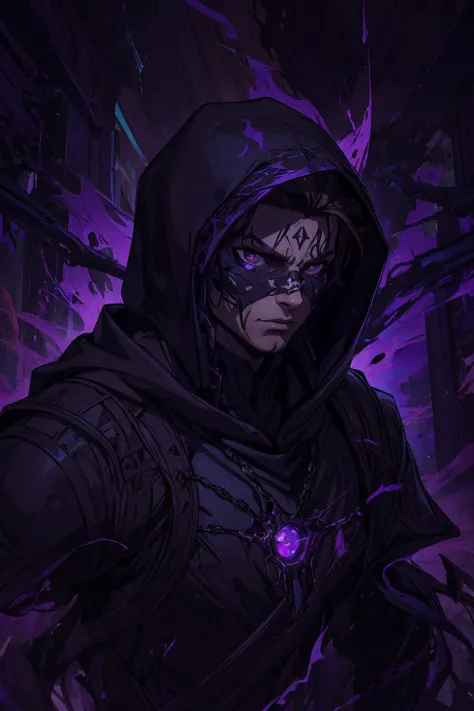 beautiful, linework, (outlines:1.05), shadows, (1man, masculine adult icelandic male:1.2),  black eyes, dark brown hair, mid-fade, 
portrait, looking away, solo,  (full body:0.6), detailed background, detailed face, (purple and black, worldofshadows theme:1.1), , outlaw,   dynamic pose, elaborate dark leather clothes,  keys, hooded,  knives, thieves guild background, agile, , hidden, , undercover, contraband in background fog, dark atmosphere,