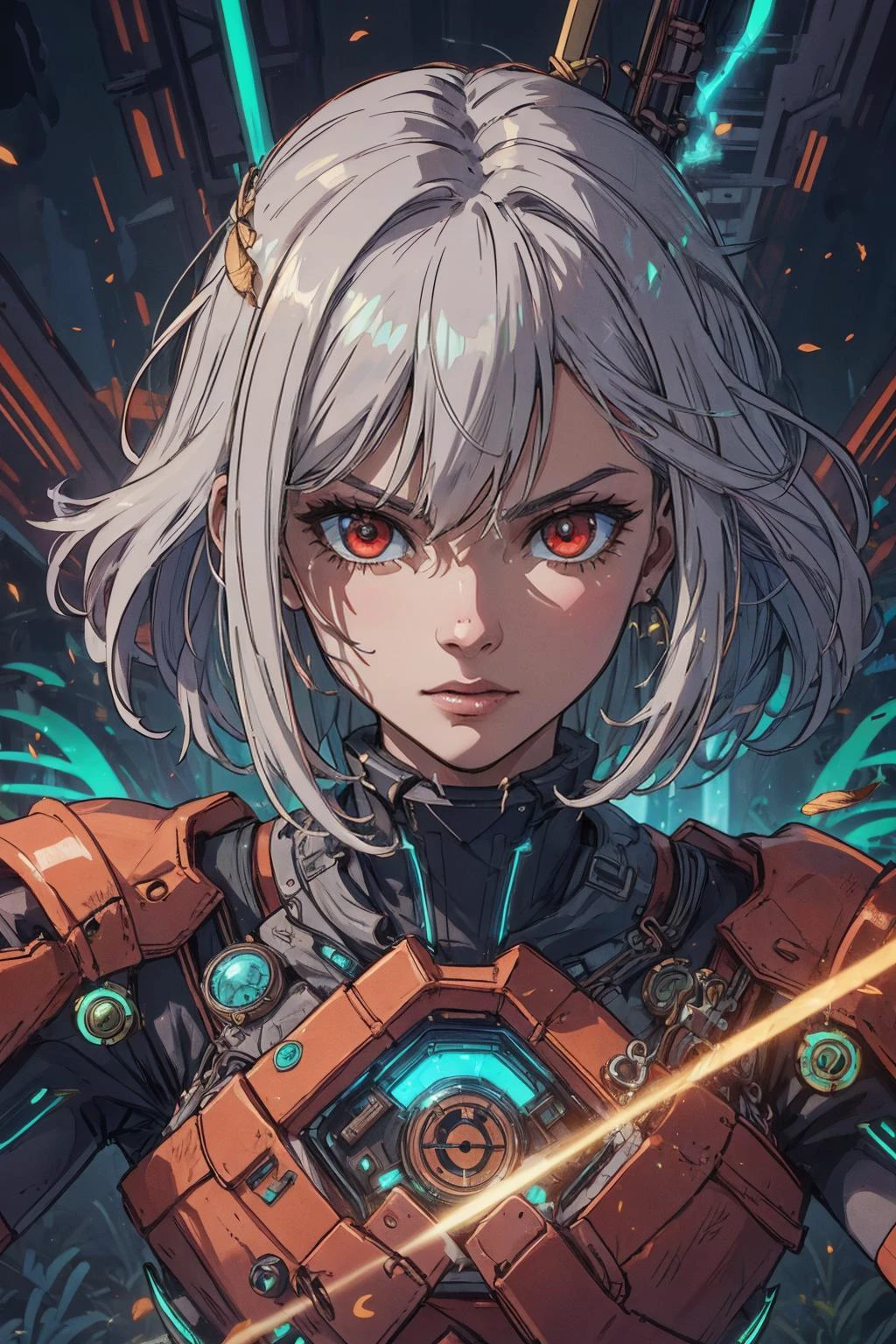 beautiful, linework, (outlines:1.05), shadows, (splash art:1.2), (volumetric lighting:1.2),
1 girl, adult  woman,  red eyes, white straight hair,  
cyborg portrait,  looking at viewer, solo,  half shot, detailed background, close up, detailed face,  futuristic shining  copper armor,  honeycomb pattern, cape, high-tech,  modules,    (open helmet:0.6), head-up display, dynamic pose, epic galactic space station in background,  lens flare, neon lights, lasers,     hologram, cinematic atmosphere,