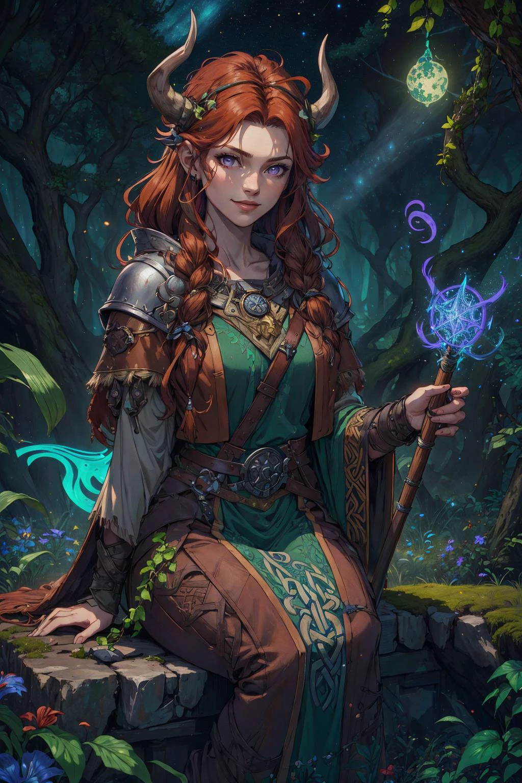 beautiful, linework, (outlines:1.05), shadows, (8K:1.2),
1 girl, adult czech woman,  purple eyes, brown quiff hair,  
(Style-SwampMagic:0.4), focus on character portrait, solo,  half shot, looking down, detailed background, detailed face, (vikingpunkai, norse viking theme:1.1), warm smile,  druid, wearing natural colored brown robes,  leather, druid staff,  sitting, restoration spell, inscriptions,   natural magic, floating particles, swirling leaves in the air, moss, vines,  branches, rock,  lilies, sprouting plants,  starry sky,  forest in background, ethereal peaceful atmosphere,