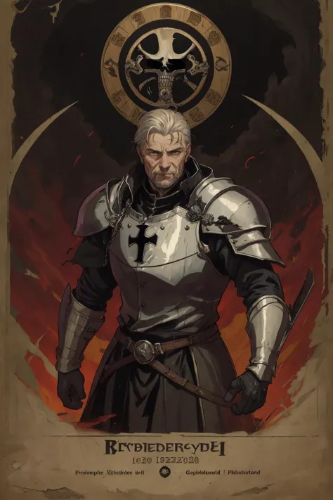 a poster of a man in armor with a sword and a shield