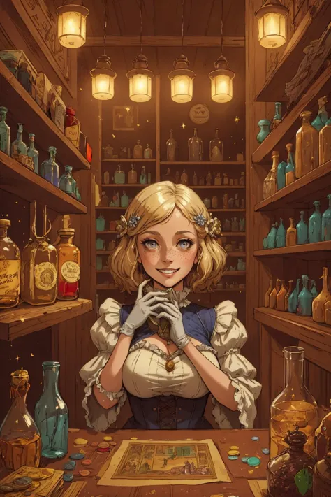 a woman in a dress is standing in a pharmacy room