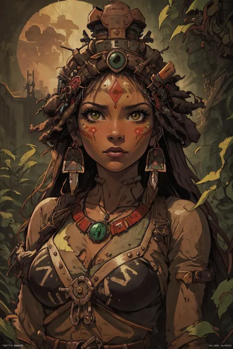 (best quality, masterpiece, highest detailed), comic cover art, poster art, 1 girl, adult  woman,  coral eyes, light brown lob hair, ombre, 
solo,  upper body,  looking away, detailed background, detailed face, (zulupunkai, zulu theme:1.1), aggressive  jungle fighter,  primal fury, feral eyes, wild hair,  pink frayed tribal clothing, ritual knife, tribal markings, ,  ornaments,   bushes, vines,  temple in background, fauna in background,   moonlight,  cinematic atmosphere,