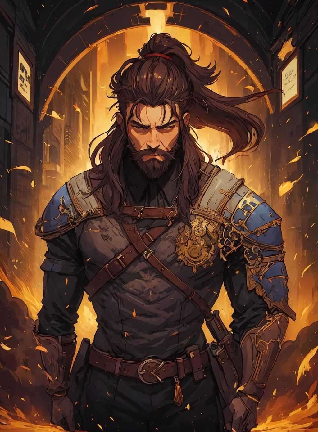 a man with a long hair and a beard with a ponytail in his hair, looking down at something, Eizan Kikukawa, trending on art station, a digital painting, digital art   