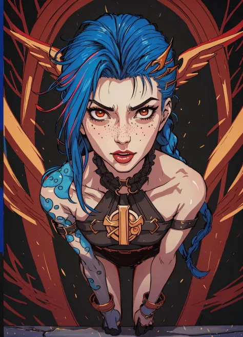 (best quality, masterpiece, highest detailed)(Jinx, Legue of Legends, Arcane)  professional photo, submissive pose, kinky aesthetic, award winning fashion photography of sexy, cloud tattoo,intense blue long hair, striped thighhighs,  Jinx, Legue of Legends...