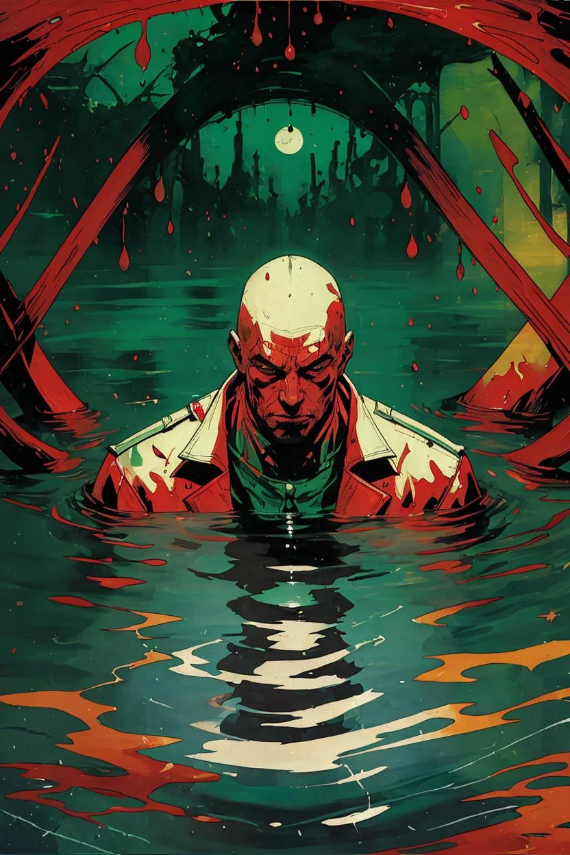 一名男子站在水中，周围是红色和绿色的水，背景中还有很多人, 比爾·顯克維奇, 漫畫封面藝術, 海报艺术, 肿瘤形成论, 