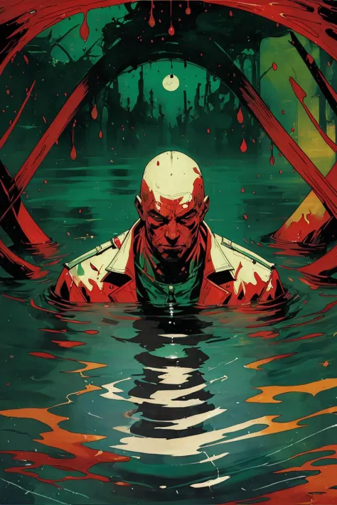 a man in a body of water surrounded by red and green water and a lot of other people in the background, Bill Sienkiewicz, comic ...