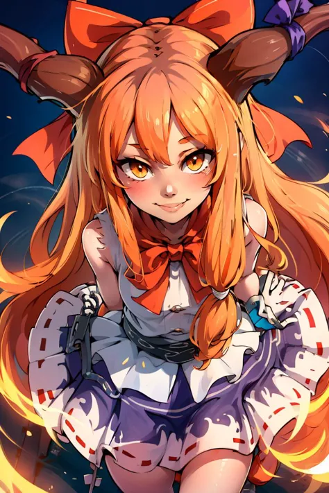 ((masterpiece,best quality)), absurdres, Ibuki_Suika_Touhou,  horns, ibuki suika, 1girl, long hair, solo, bow, hair bow, horn ornament, ribbon, horn ribbon, orange hair, shirt, sleeveless, red bow, sleeveless shirt,  solo, smiling, looking at viewer, from above, cowboy shot,