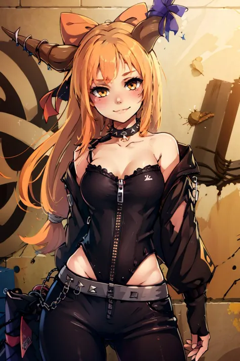 leather jacket, leather pants, strapless bra, black jacket, tight pants, black choker, zipper, fingerless gloves, biker clothes, spikes, unzipped, multiple belts, shiny clothes, high collar, CONCEPT_graffiti_wall_ownwaifu, (graffiti:1.2), brick wall,<lora:CONCEPT_graffiti_wall_ownwaifu-15:1>  ((masterpiece,best quality)), absurdres, <lora:Ibuki_Suika_Touhou:0.8>, Ibuki_Suika_Touhou,  horns, ibuki suika, 1girl, long hair, solo, bow, hair bow, horn ornament, ribbon, horn ribbon, orange hair, red bow, solo, smiling, looking at viewer, cowboy shot,