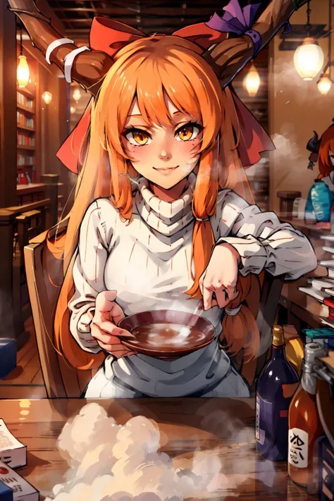 anime girl with long red hair holding a bowl of food