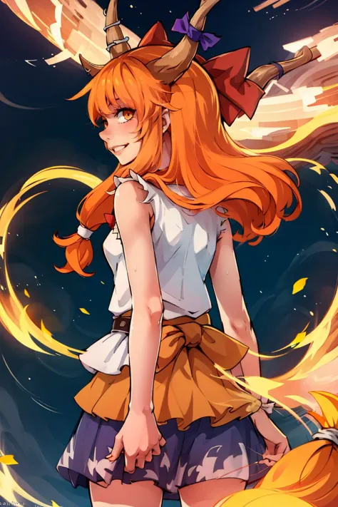 a girl with long hair and horns standing in front of a fire