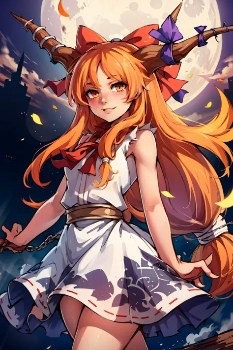 ((masterpiece,best quality)), absurdres, Ibuki_Suika_Touhou,  horns, ibuki suika, 1girl, long hair, solo, bow, hair bow, horn ornament, ribbon, horn ribbon, orange hair, shirt, sleeveless, red bow, sleeveless shirt,  solo, smiling, looking at viewer, cowboy shot, full moon, big moon