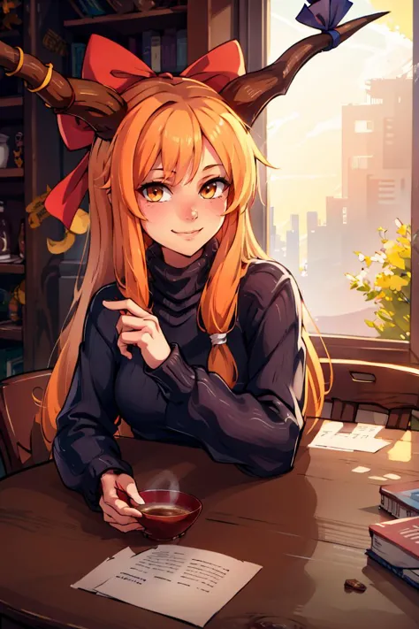 anime girl with horns sitting at a table with a glass of wine